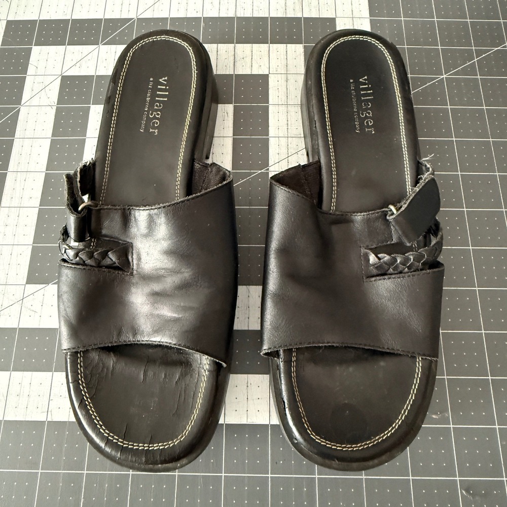 90s Chunky Minimalist Fairy Square Toe Black Leather Braided Mules Sandals 8.5M